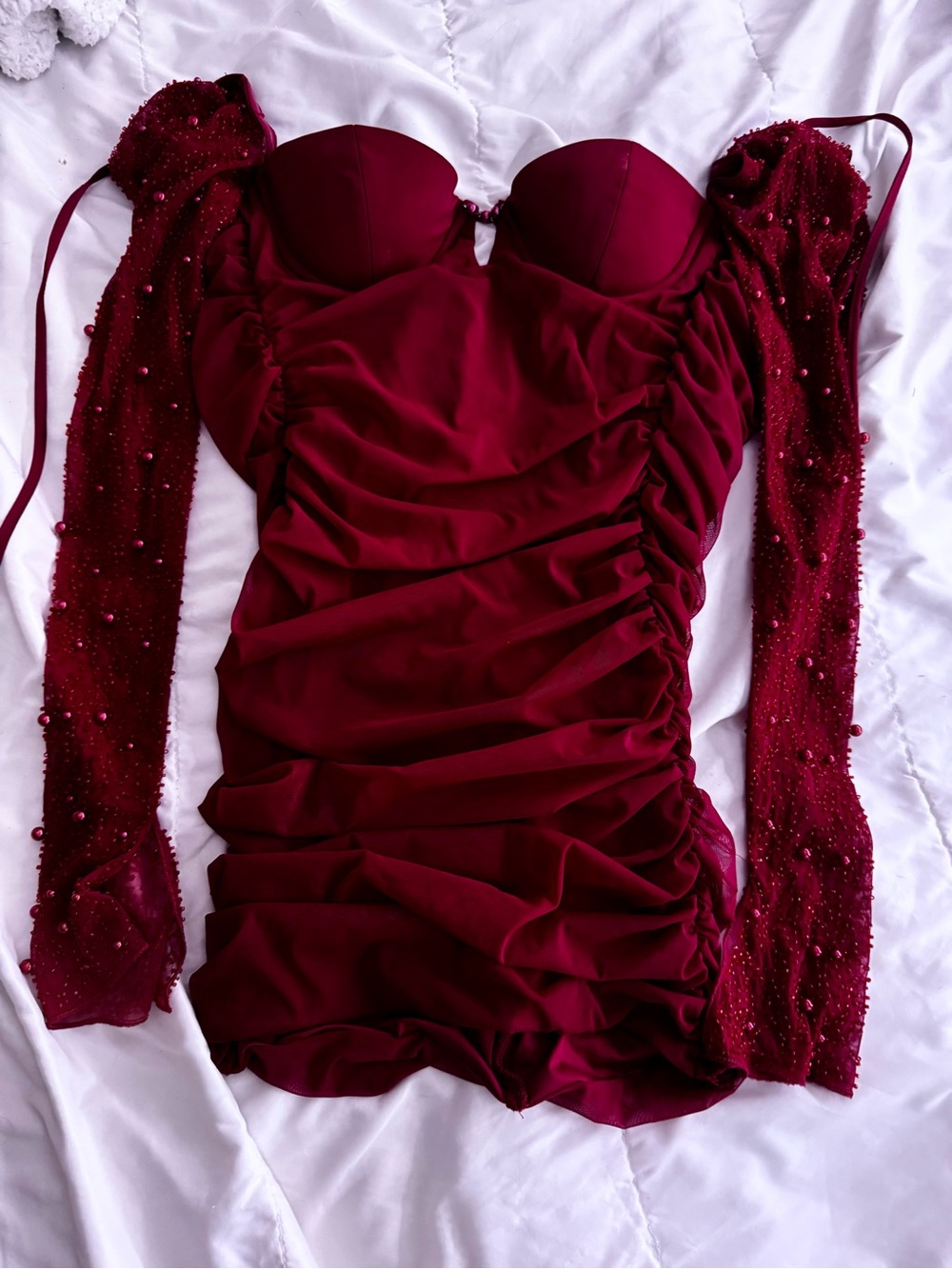 Oh Polly Burgundy Ruched Mini Dress with Beaded Sheer Sleeves
